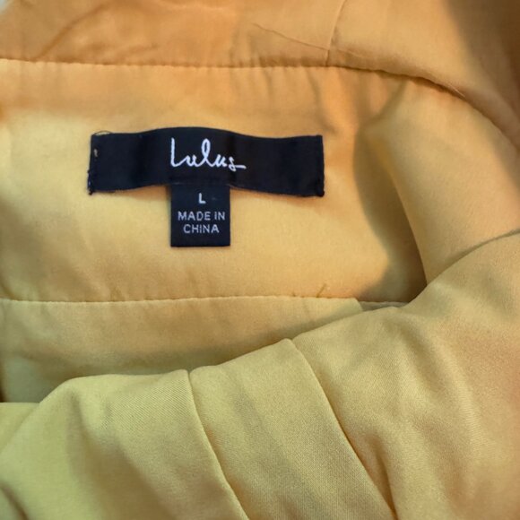 Lulus Peak Party Vibe Mustard Yellow Satin Tiered Tie-back Midi Dress - Size L - Picture 8 of 10